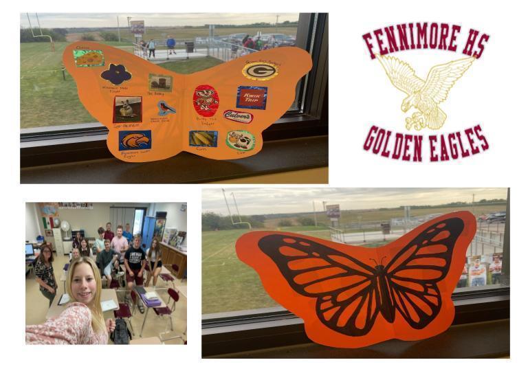 Collage of 4 images, 1) Paper butterfly with symbols of WI and Fennimore on it, 2) Fennimore HS Logo, 3) Selfie-style photo of students in  Spanish 3, 4) Paper butterfly on orange paper with a black outline of a butterfly on it.