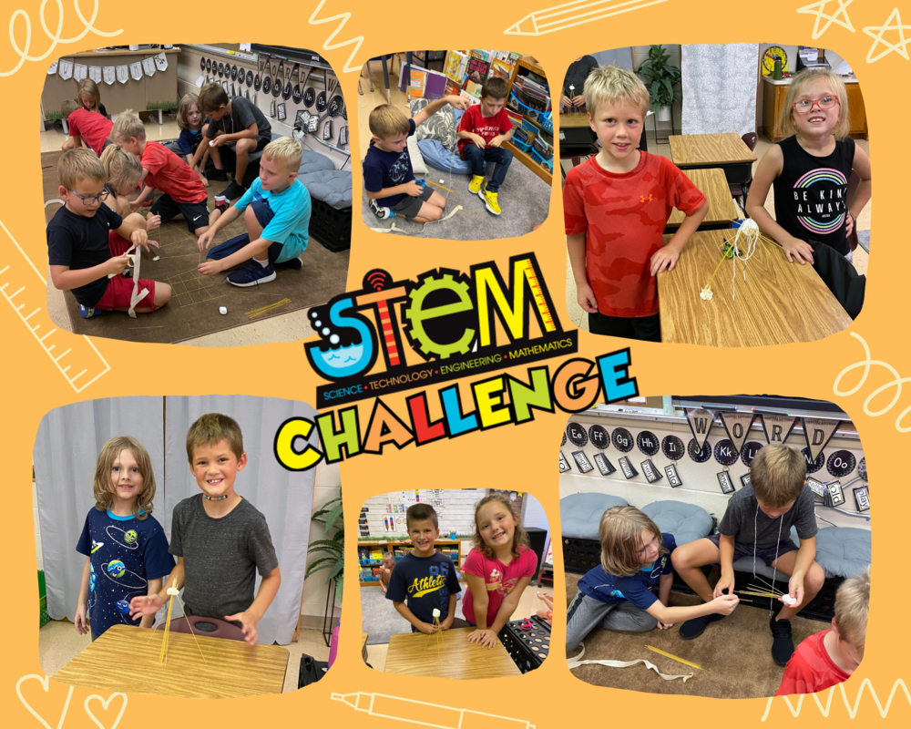a collage of pictures of 2nd grade students using spaghetti sticks and marshmallows to build a tower for a STEM challenge