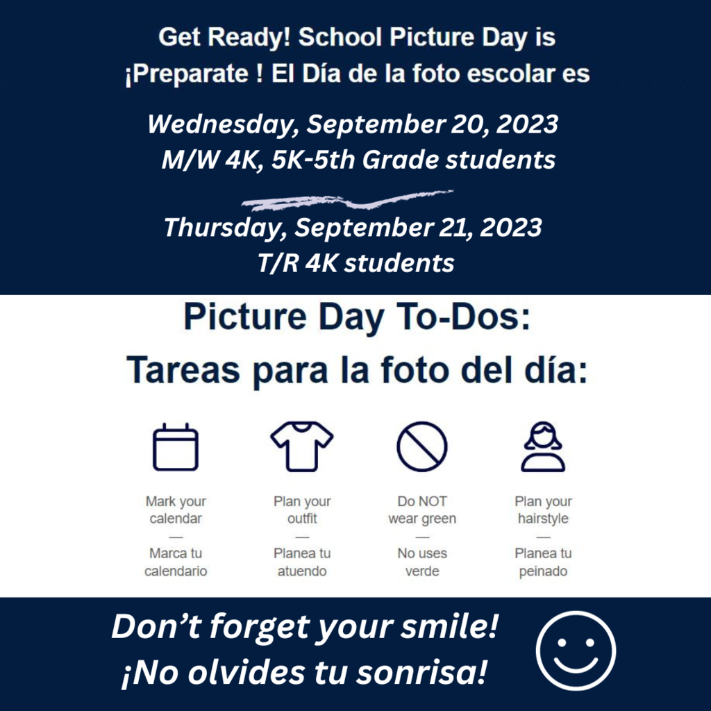 wednesday, sept 20 is picture day for m/w 4K and 5K-5th, Tues/Thurs 4K pictures are on 9/21